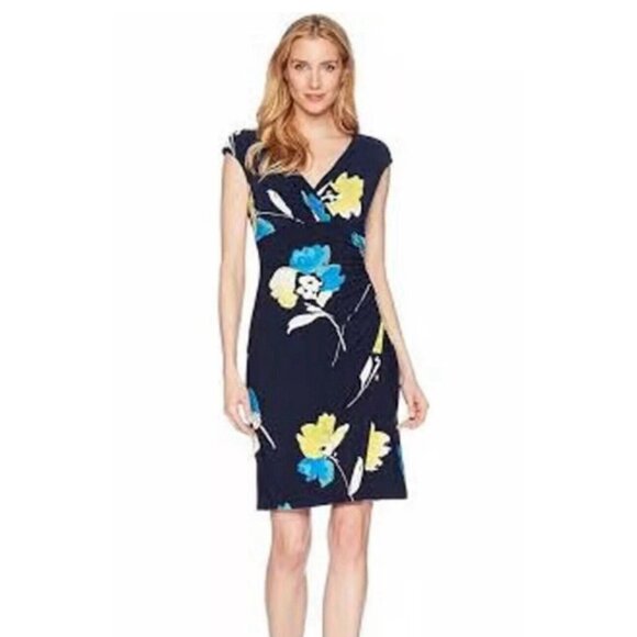 Ralph Lauren‎ Navy Blue Floral Print Jersey Ruched Dress Size 6 Sheath Summer - Picture 1 of 6